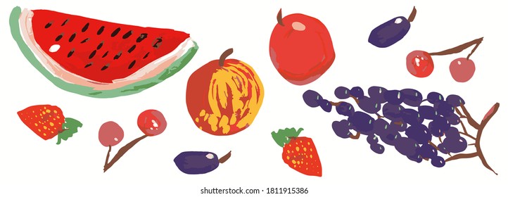 Hand Drawn Watercolor Acrylic Oil Fruits Isolated on White Background. Watermelon Black Grapes Apple Cherry Plum Strawberry Illustration for Backgrounds, Cards, Wallpaper, Canvas, Prints, Covers.