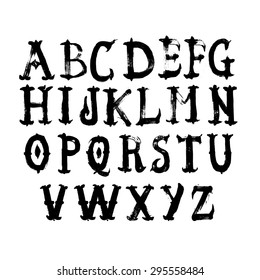 Hand drawn watercolor alphabet. Calligraphic. Vector illustration. Brush painted letters.