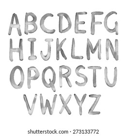 Hand drawn watercolor alphabet, gray sketch font, letters. Handwritten, brush strokes isolated on white background