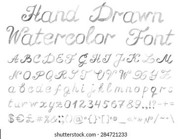 Hand drawn watercolor alphabet. Handwritten grey font isolated on white background. Contains uppercase and lowercase letters, numbers, punctuation signs and important symbols. Real watercolor texture.