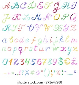 Hand drawn watercolor alphabet. Handwritten multicolor font isolated on white background. Contains uppercase and lowercase letters, numbers, punctuation signs and symbols. Real watercolor texture.