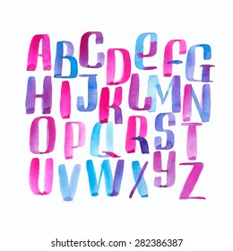 Hand drawn watercolor alphabet made with brush-shades and smears of skies and water at sunset