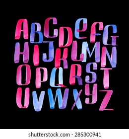 Hand drawn watercolor alphabet made with brush-shades and smears of skies and water at sunset