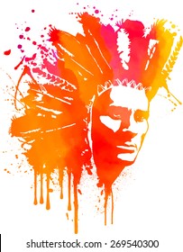 Hand drawn watercolor American indian chief portrait splash vector