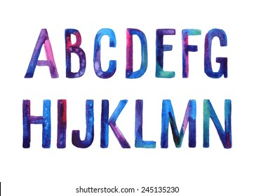 Hand drawn watercolor artistic font, letters A-N