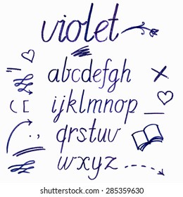 Hand drawn watercolor artistic font set includes  and lowercase letters, arrows, others elements and  well as the inscription - violet