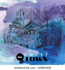 Hand drawn watercolor background with illustration of cityscape in sketch style. Vector illustration.