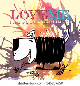 Hand drawn watercolor background with illustration of funny cartoon doggy. Vector illustration.