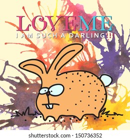 Hand drawn watercolor background with illustration of funny cartoon rabbit. Vector illustration.