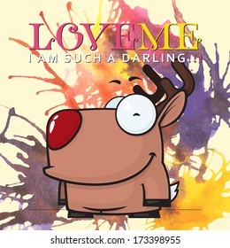 Hand drawn watercolor background with illustration of funny cartoon deer. Vector illustration.