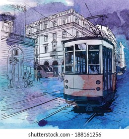 Hand drawn watercolor background with illustration of old tram in sketch style. Vector illustration.