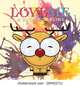 Hand drawn watercolor background with illustration of funny cartoon deer. Vector illustration.