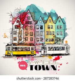 Hand drawn watercolor background with illustration of old tram in sketch style. Vector illustration.