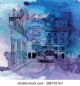 Hand drawn watercolor background with illustration of old tram in sketch style. Vector illustration.
