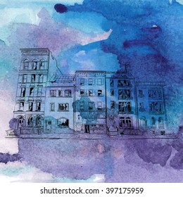 Hand drawn watercolor background with illustration of cityscape in sketch style. Vector illustration.