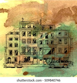 Hand drawn watercolor background with illustration of cityscape in sketch style. Vector illustration.