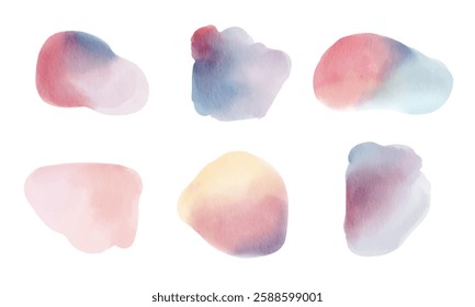 Hand drawn watercolor backgrounds, stains. Colorful watercolor shapes, brush, blobs, circles. Pastel colors