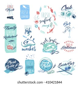 Hand drawn watercolor badges and stickers of seafood. Set of vector illustrations for menu, food and drink, restaurant and fish market.