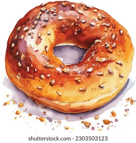 Hand Drawn watercolor bagel Vector Illustration .Delicious Bagel Detailed Hand Drawn Illustration Vector Isolated