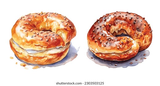 Hand Drawn watercolor bagel Vector Illustration .Delicious Bagel Detailed Hand Drawn Illustration Vector Isolated