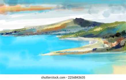 hand drawn watercolor beach and mountain landscape