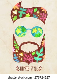 Hand drawn watercolor beard and  mustache with flowers. Hippie man. Texture of crumpled paper. Vector Illustration.