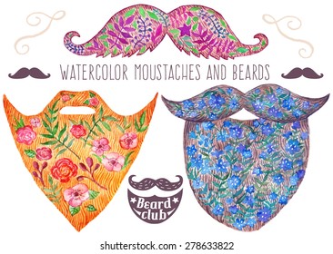 Hand drawn watercolor beards and  mustache  set.  Vector Illustration.
