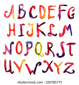 Hand drawn watercolor big capital letters alphabet font set isolated vector illustration