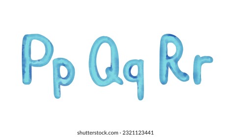 Hand drawn watercolor blue alphabet, font, letters. Handwritten, word water, waves, sea shells isolated on white background