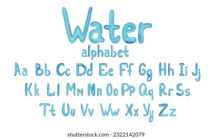 Alfabeto azul acuarela dibujado a mano, fuente, letras. Escrito a mano, agua de palabra, olas, conchas marinas aisladas en fondo blanco