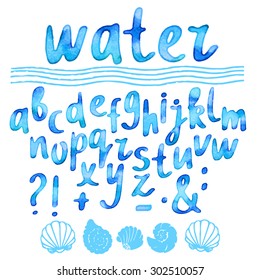 Hand drawn watercolor blue alphabet, font, letters. Handwritten, word water, waves, sea shells isolated on white background