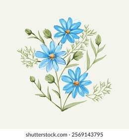 hand drawn watercolor blue flowers bouquet