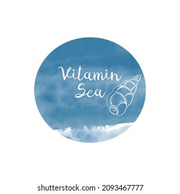 Hand drawn watercolor blue ocean circle with calligraphy text Vitamin Sea, decorated with linear long seashell, isolated vector illustration