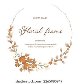 Ramo de acuarela dibujado a mano. Diseño con marco de círculo dorado y tarjeta de invitación, vector. Plantilla de la invitación a la boda, tarjetas. Diseño de flores. Los colores pastel son delicados: naranja, marrón, dorado. 