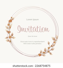 Hand drawn watercolor bouquet with golden line art flower. Design with gold circle frame and invitation card, vector. Template ofgras the wedding invitation, cards. Design of flowers, twigs, foliage.