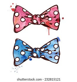 Hand drawn watercolor bow tie in two colors - pink and blue. Vector illustration. 