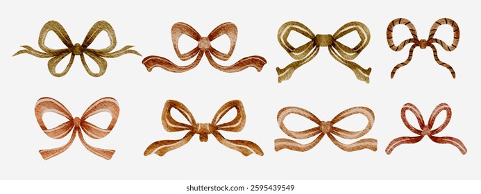 hand drawn watercolor bows. Brown ribbons collection.