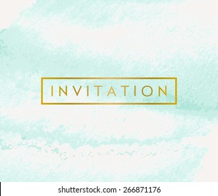 Hand drawn watercolor brush strokes invitation design. Turquoise blue and golden color palette. Modern and elegant wedding design invitation.