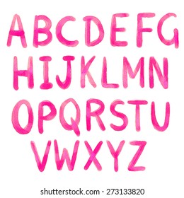 Hand drawn watercolor brushed alphabet, pink sketch font, letters. Handwritten, brush strokes isolated on white background