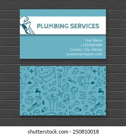 Hand drawn watercolor business card mock up with plumbing doodle icons for your design.