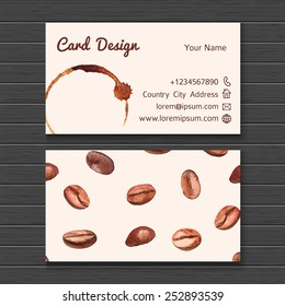 Hand drawn watercolor business card template with coffee stain and beans.