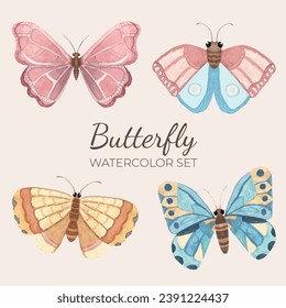 Hand drawn watercolor butterflies vector illustration set