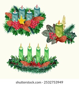 hand drawn of watercolor candle advent arrangement