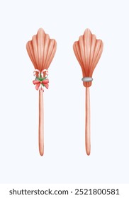 Hand drawn watercolor Christmas broom, perfect for holiday decor and gifts. Ideal for festive projects, greeting cards, and seasonal designs. Cute and cozy winter artwork for a joyful Christmas.