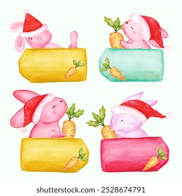 hand drawn of watercolor christmas bunny with gift card