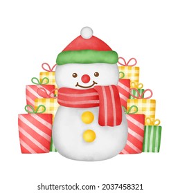 Hand drawn watercolor  christmas card with cute snowman and a gift boxes.