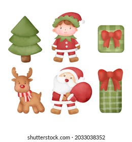 Hand drawn watercolor Christmas elements set.