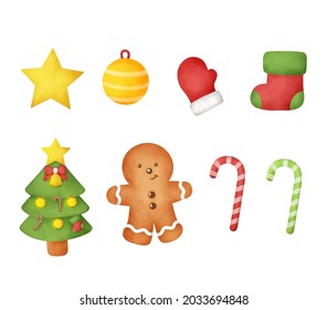 Juego de elementos de navidad con acuarela dibujada a mano.