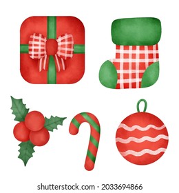 Hand drawn watercolor Christmas elements set.