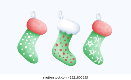 Hand drawn watercolor Christmas stocking, perfect for holiday decor and gifts. Ideal for festive projects, greeting cards, and seasonal designs. Cute and cozy winter artwork for a joyful Christmas.